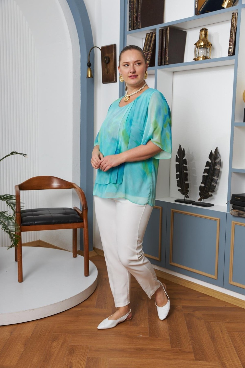 Rmg Batik Desenli Pileli Büyük Beden Şifon Bluz Yeşil görsel 4