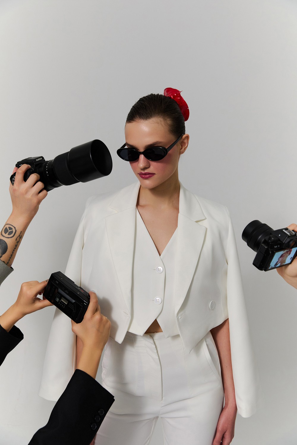 Quzu Kadın Kruvaze Crop Blazer Ceket Lacivert Dokuma Cepli Stil Casual