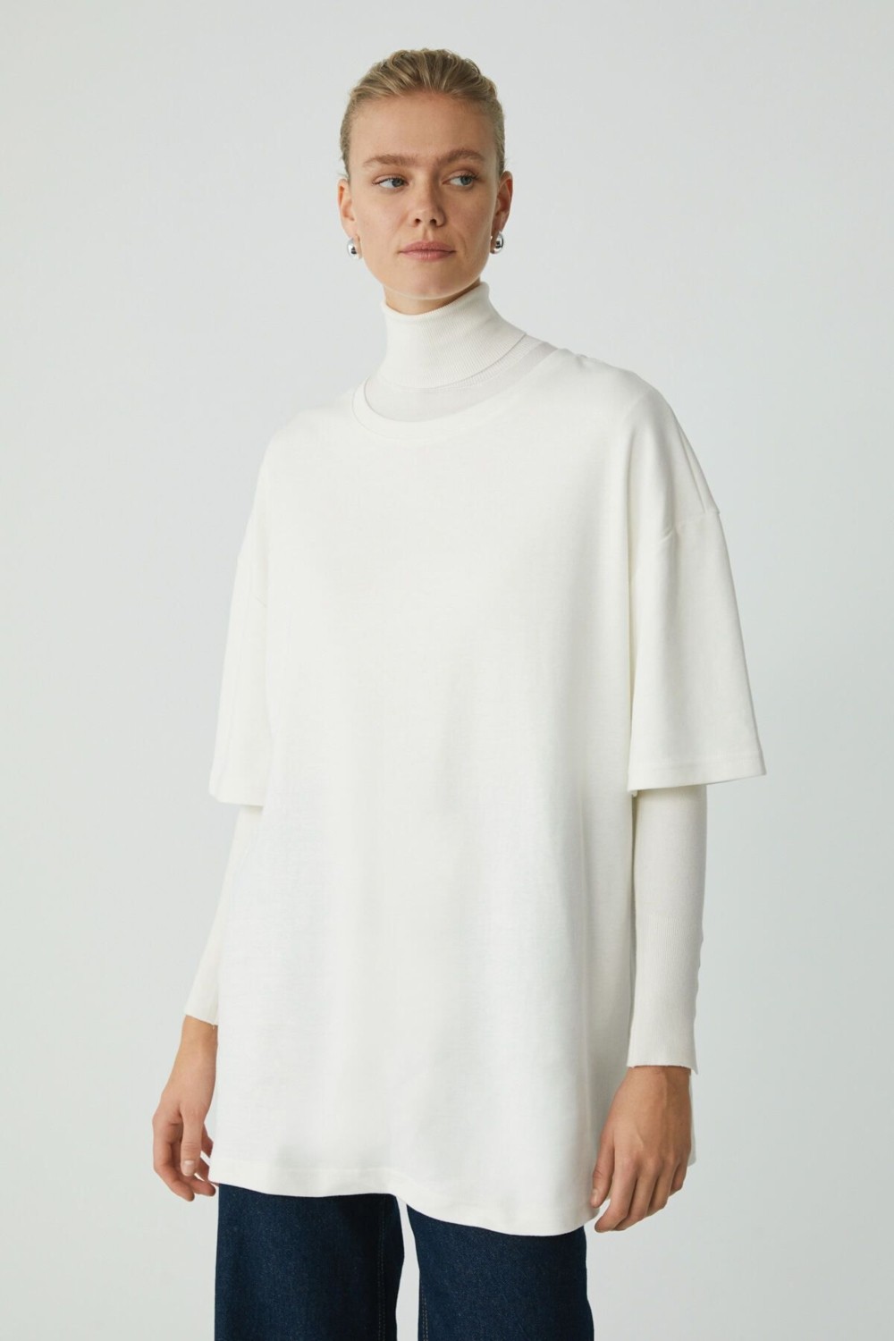Ethiquet Modest Vıvıan Kadın %100 Organik Pamuklu Oversize Fit Bisiklet Yaka Krem Büyük Beden T-shirt