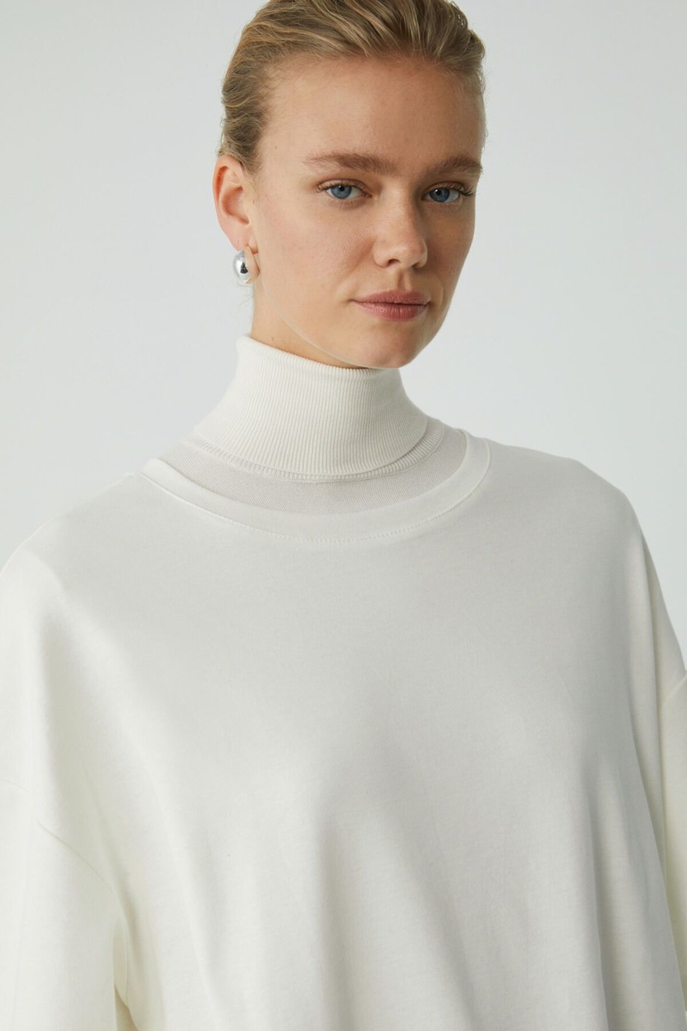 Ethiquet Modest Vıvıan Kadın %100 Organik Pamuklu Oversize Fit Bisiklet Yaka Krem Büyük Beden T-shirt görsel 3