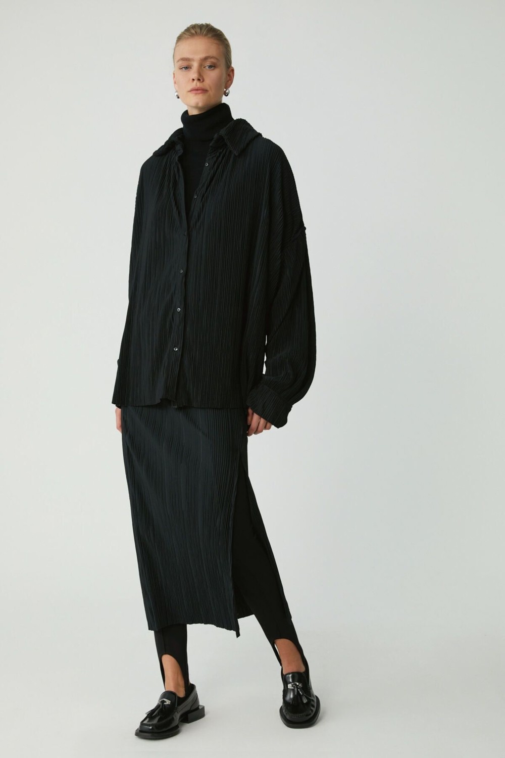Ethiquet Suen Kadın Fitilli Görünüm Oversize Geniş Kesim Düğmeli Siyah Büyük Beden Gömlek