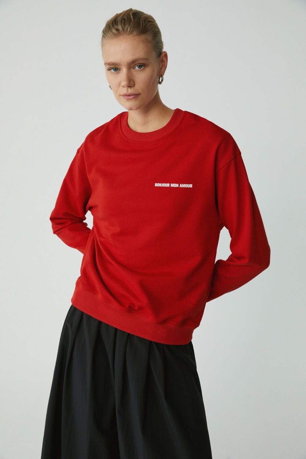 Ethiquet Sandra Kadın Pamuklu Içi Polarlı Yumuşacık Baskılı Yuvarlak Yaka Comfort Kırmızı Sweatshirt