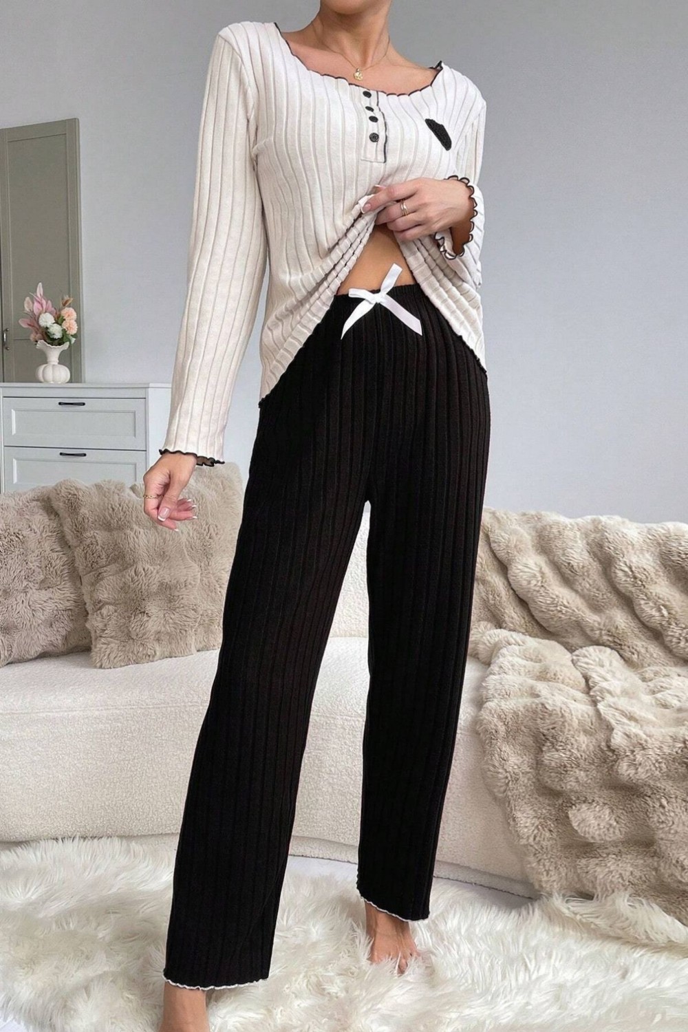 Bella Notte Nakışlı Siyah Pamuklu Kalp Detaylı Pijama Takımı görsel 2