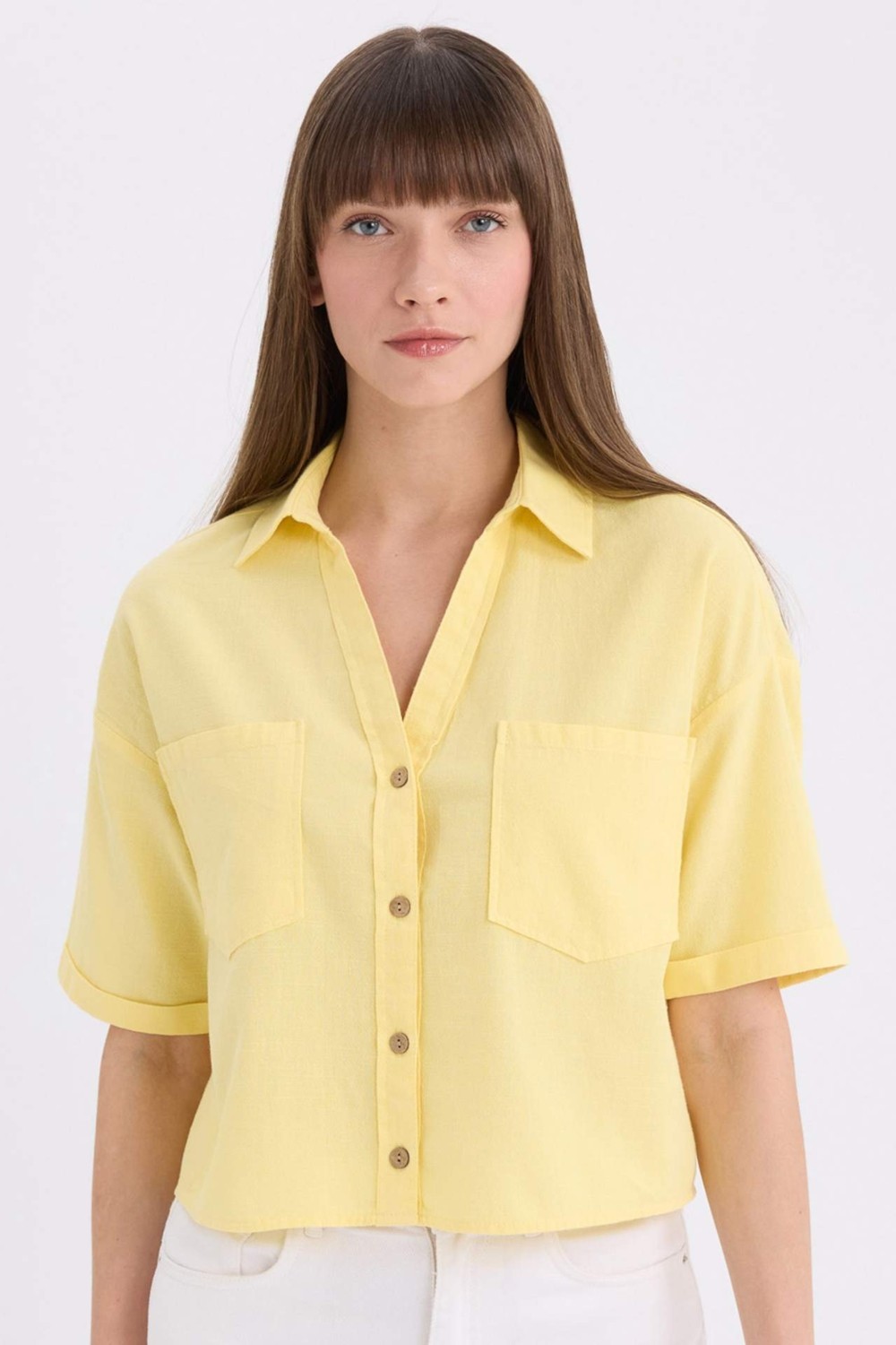 DeFacto Keten Karışımlı Boxy Fit Cepli Basic Gömlek V2523AZ25SP