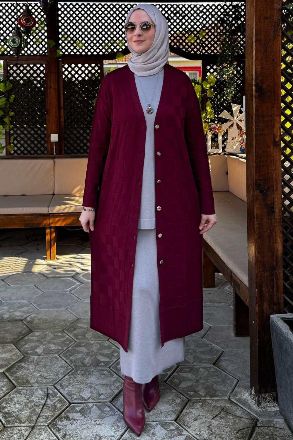 Rabia Şamlı Dama Desenli Triko Hırka Bordo