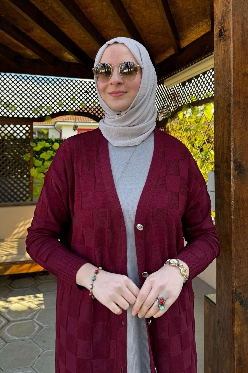 Rabia Şamlı Dama Desenli Triko Hırka Bordo görsel 2