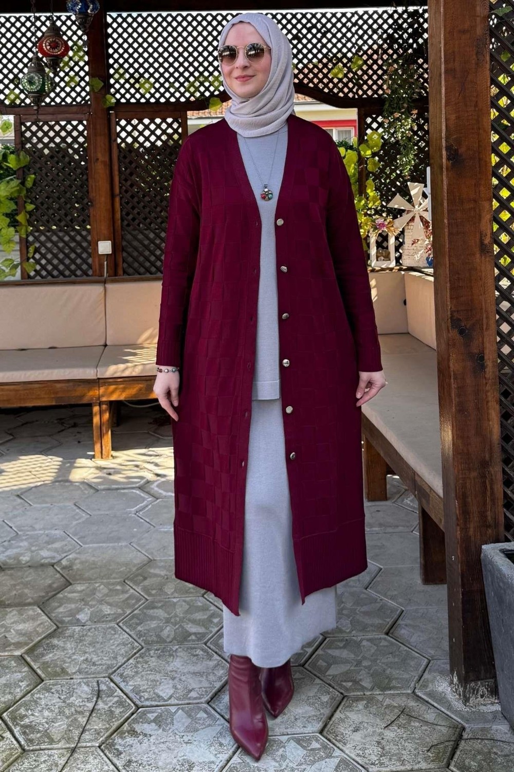 Rabia Şamlı Dama Desenli Triko Hırka Bordo görsel 3