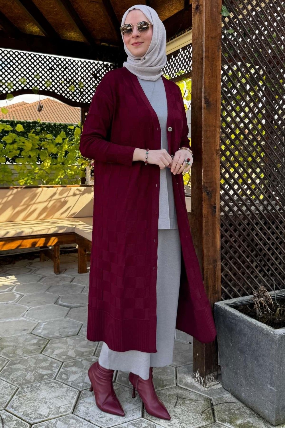 Rabia Şamlı Dama Desenli Triko Hırka Bordo görsel 5