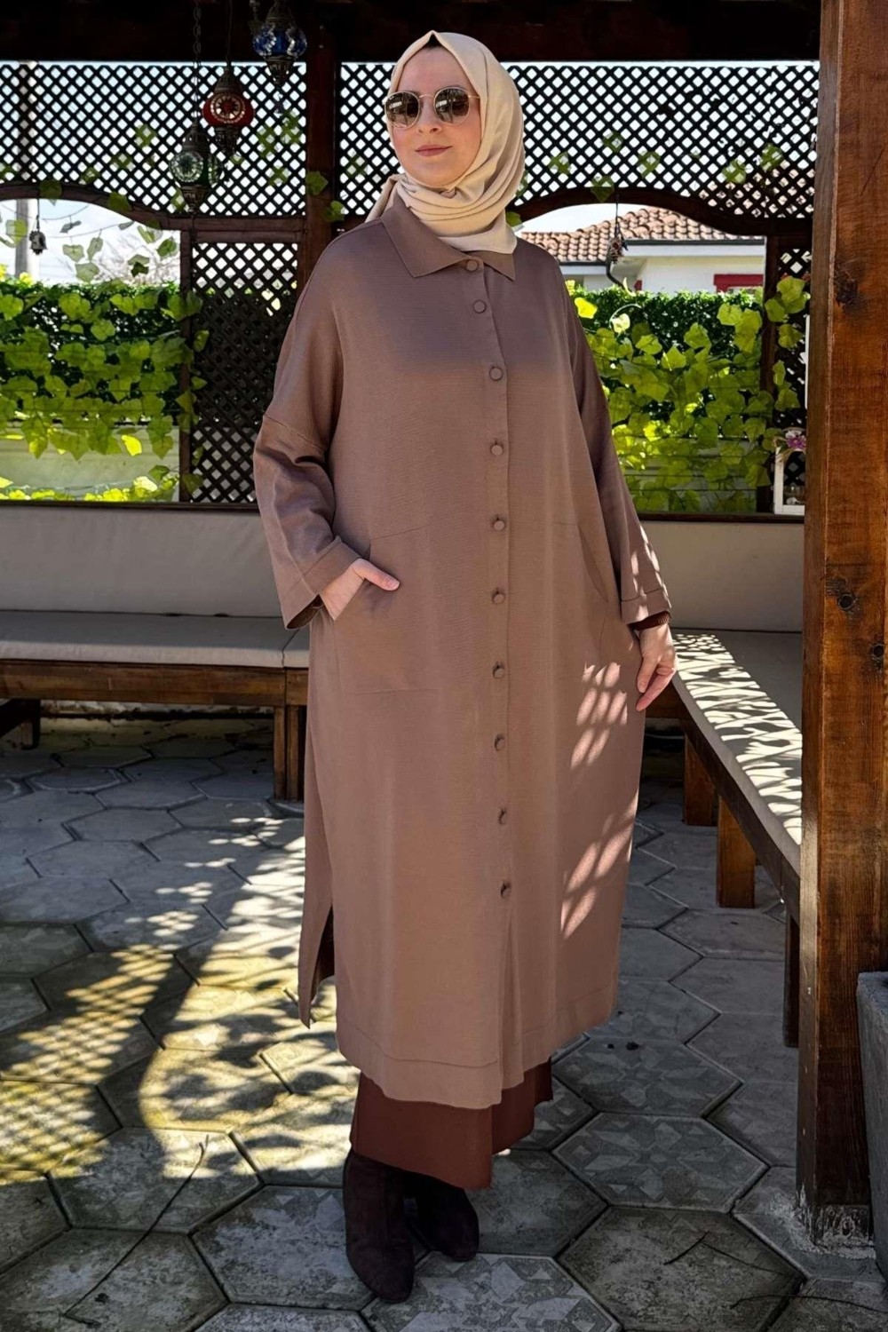 Rabia Şamlı Panço Triko Hırka Sütlü Kahve görsel 5