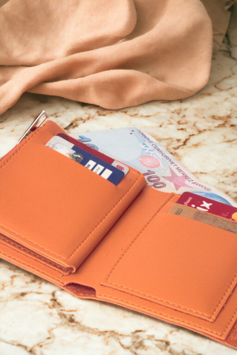 Lion Store Kadın Yumuşak Derili Çıtçıtlı ve Fermuarlı Şık Turuncu Cüzdan Kartlık Aksesuar görsel 5