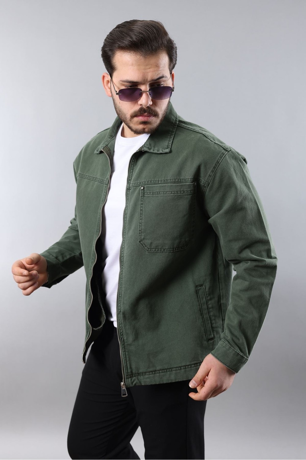 Little Cup Jeans Co Erkek Regular Fit Bej Spor Model Fermuarlı Kot Ceket