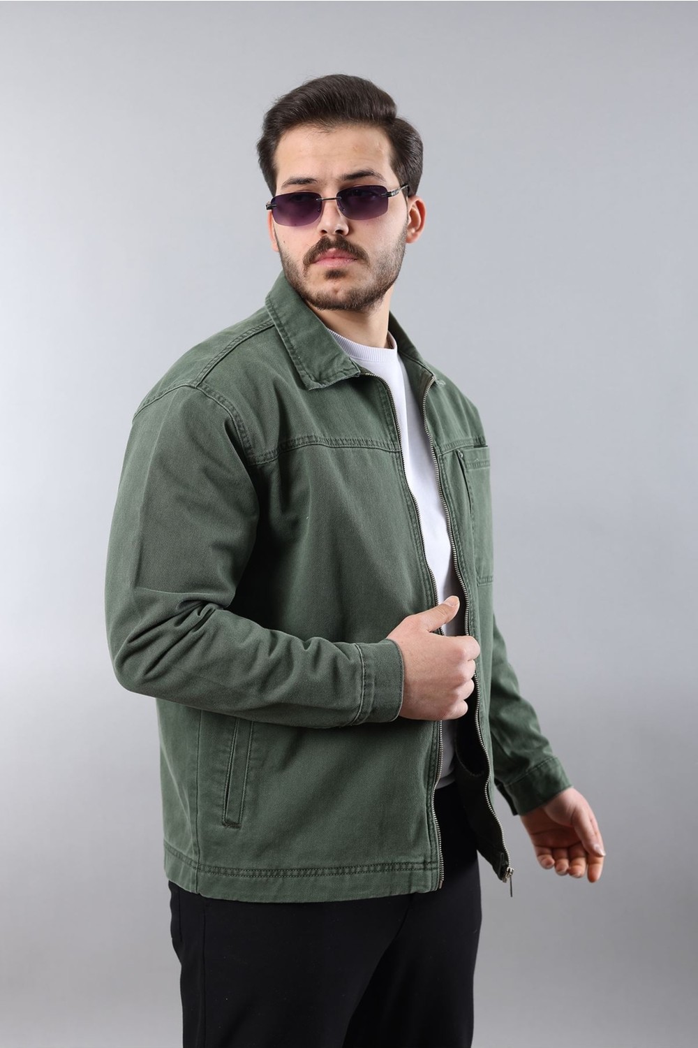 Little Cup Jeans Co Erkek Regular Fit Bej Spor Model Fermuarlı Kot Ceket görsel 3