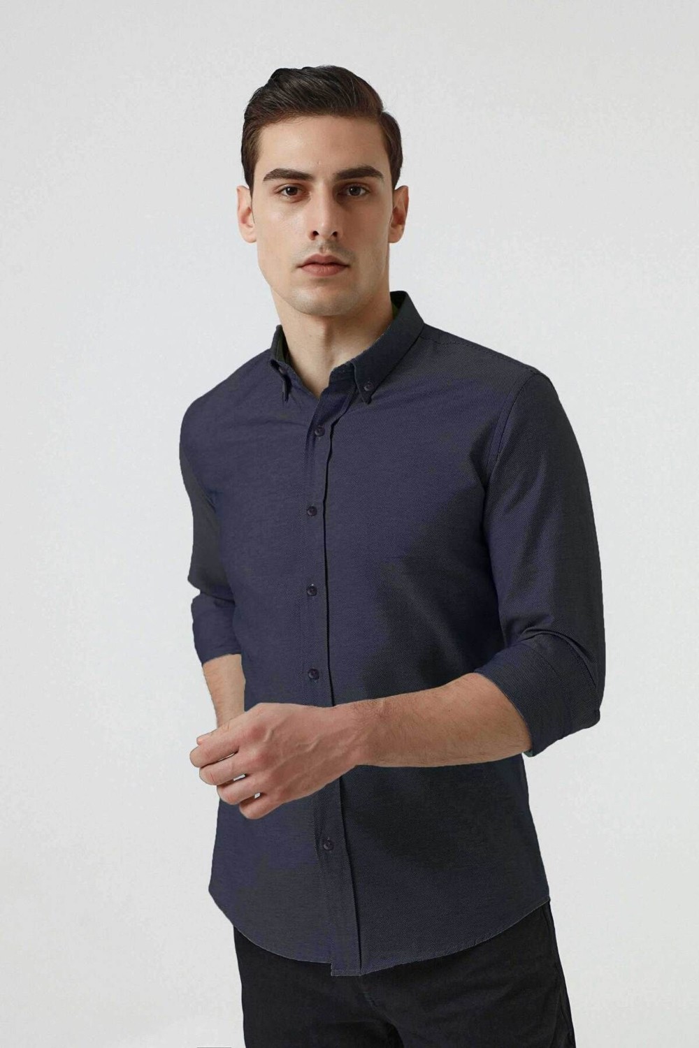 D'S Damat Slim Fit Beyaz Armürlü Düğmeli Yaka Pamuklu Gömlek 5HC02ORT07265