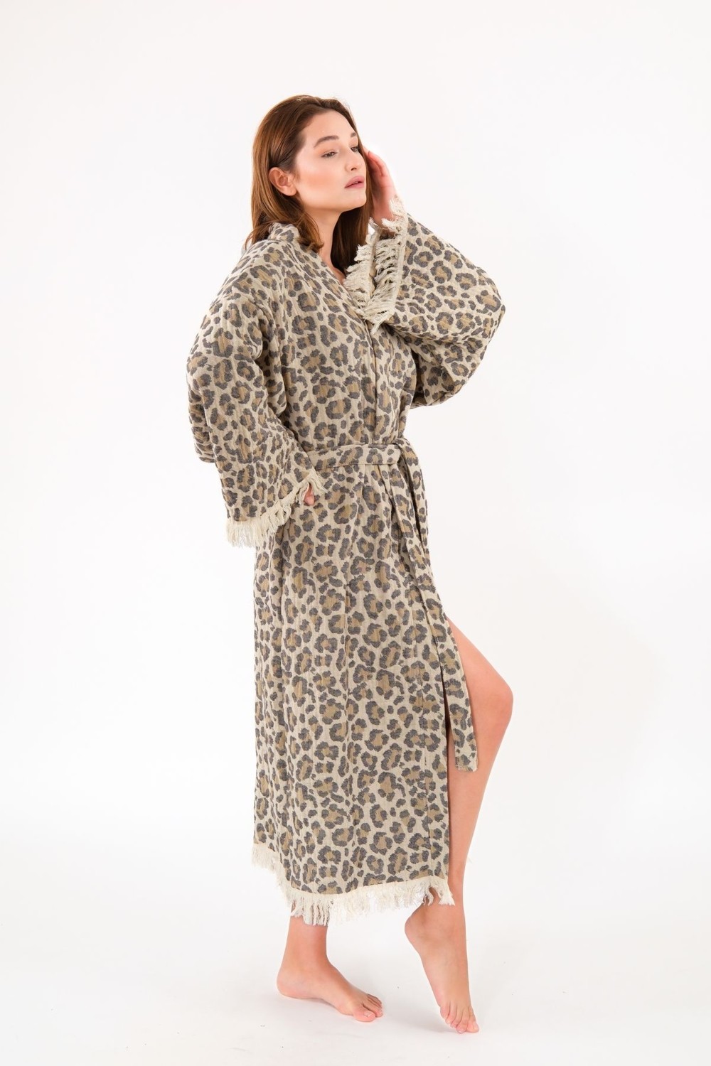Befera Design Müslin Kimono %100 Pamuklu Leopar Desenli Jakarlı Bornoz Kaftan Sabahlık