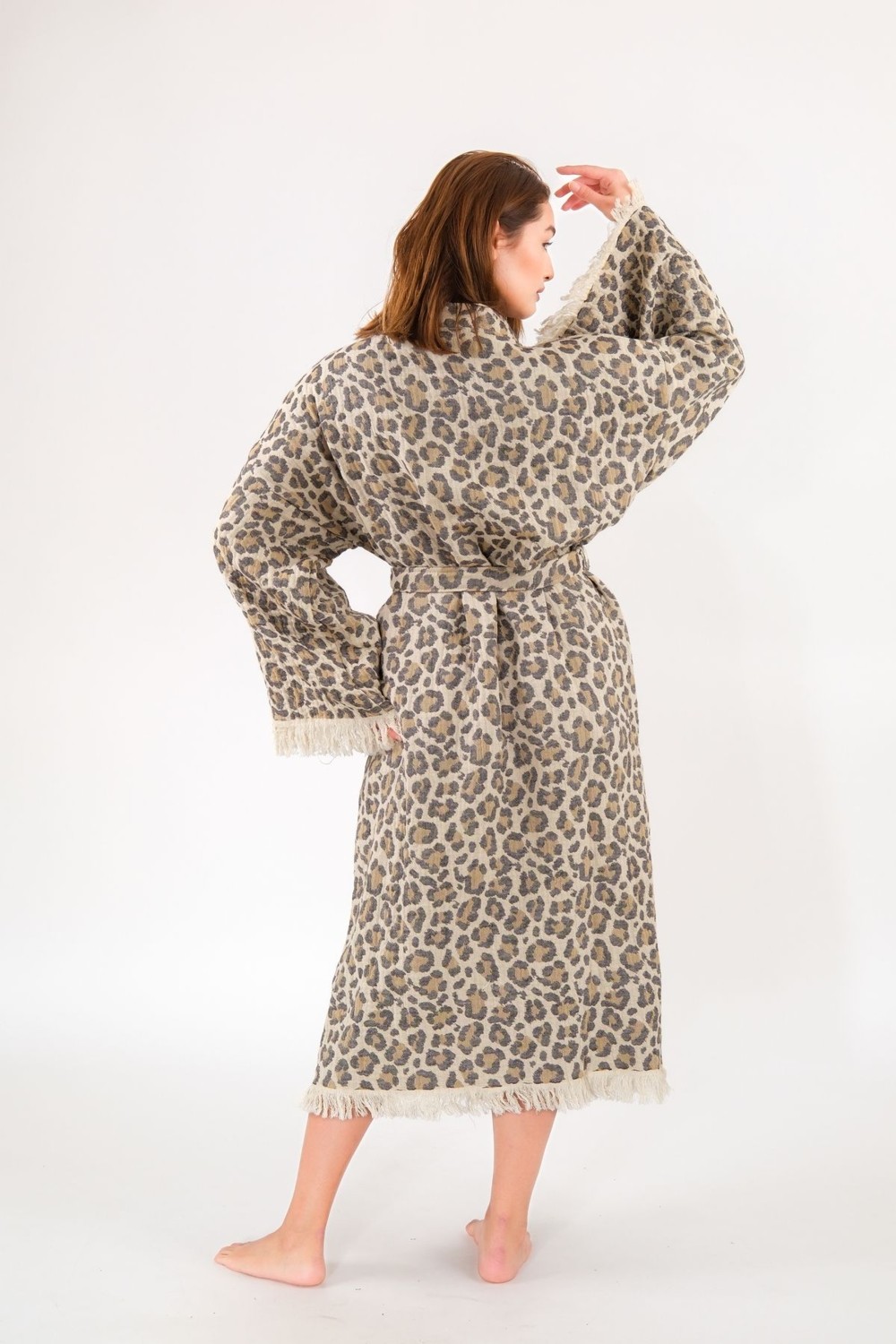 Befera Design Müslin Kimono %100 Pamuklu Leopar Desenli Jakarlı Bornoz Kaftan Sabahlık görsel 2