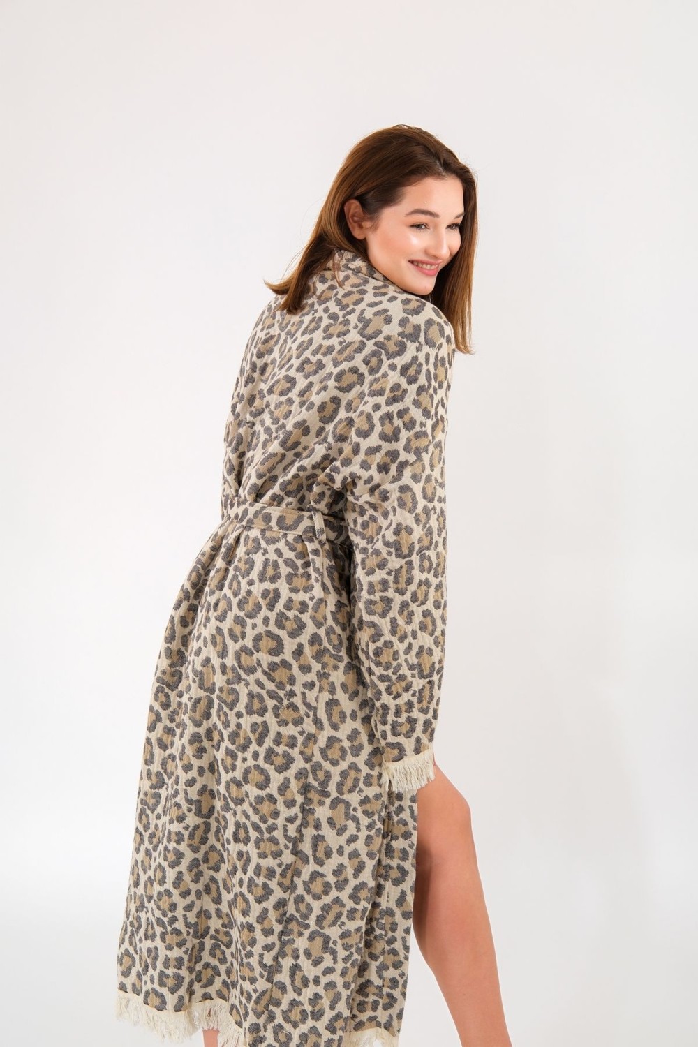 Befera Design Müslin Kimono %100 Pamuklu Leopar Desenli Jakarlı Bornoz Kaftan Sabahlık görsel 3