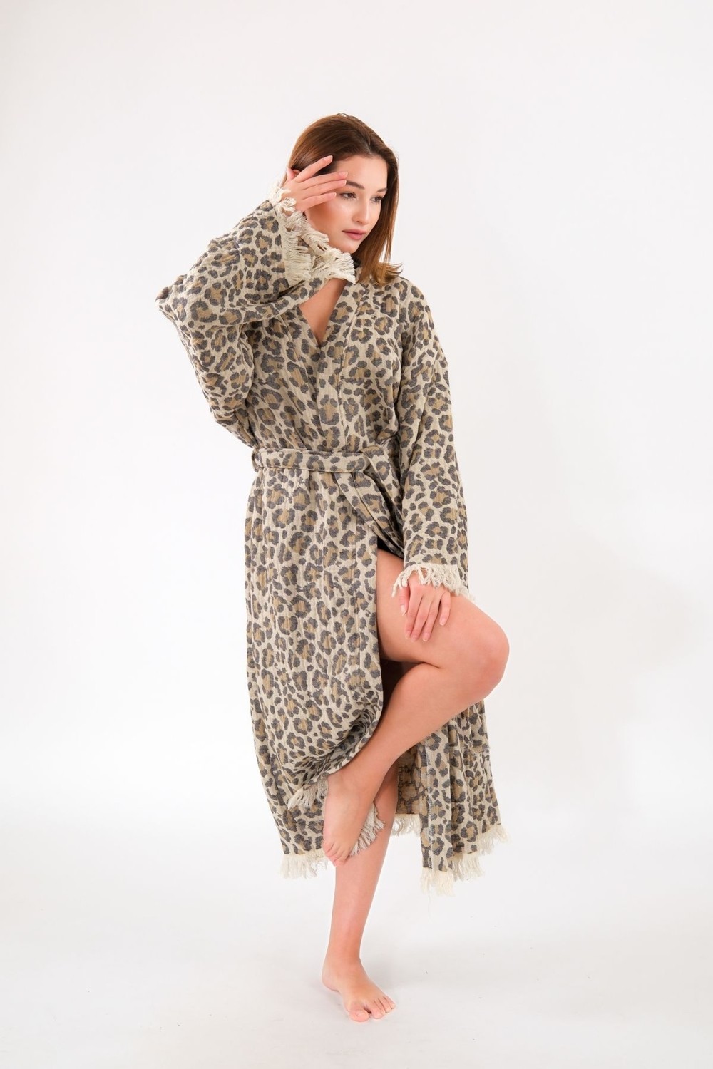 Befera Design Müslin Kimono %100 Pamuklu Leopar Desenli Jakarlı Bornoz Kaftan Sabahlık görsel 4