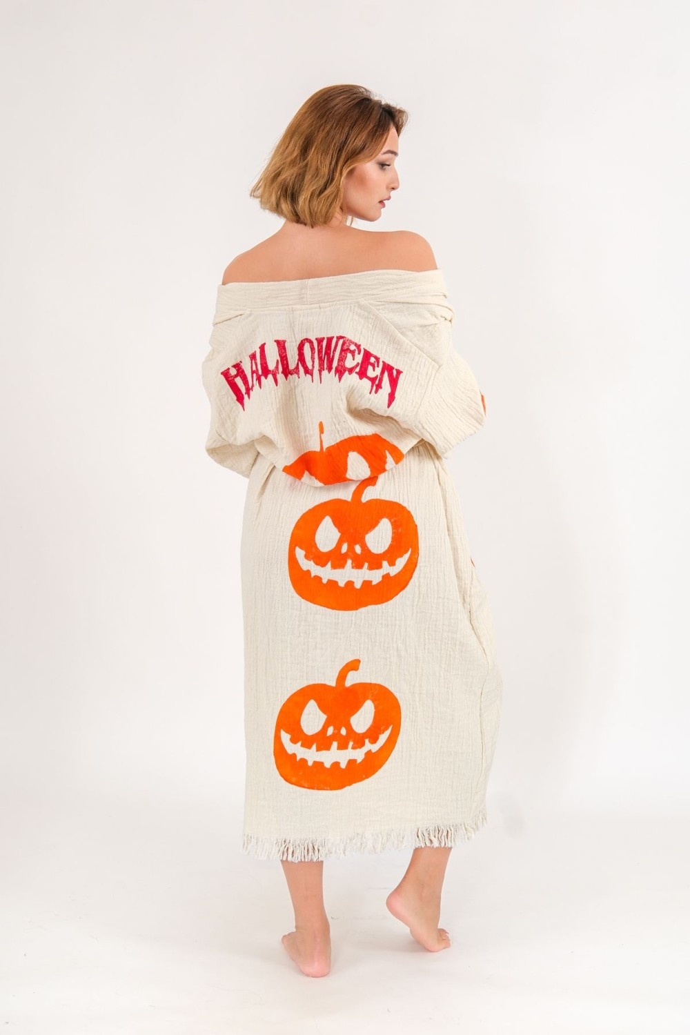 Befera Design Halloween Müslin Kimono %100 Pamuklu Bornoz Kaftan Sabahlık görsel 3