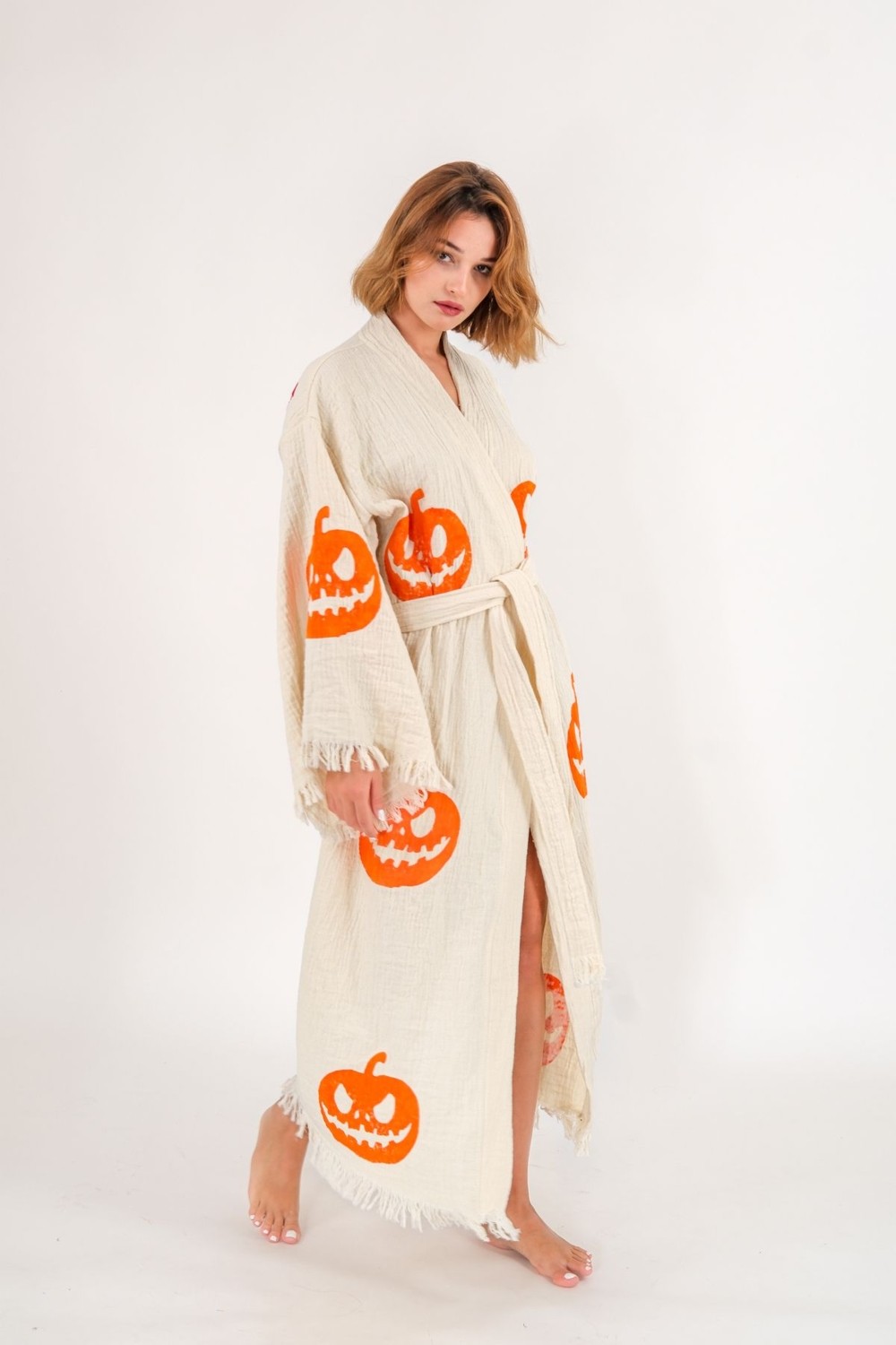 Befera Design Halloween Müslin Kimono %100 Pamuklu Bornoz Kaftan Sabahlık görsel 4
