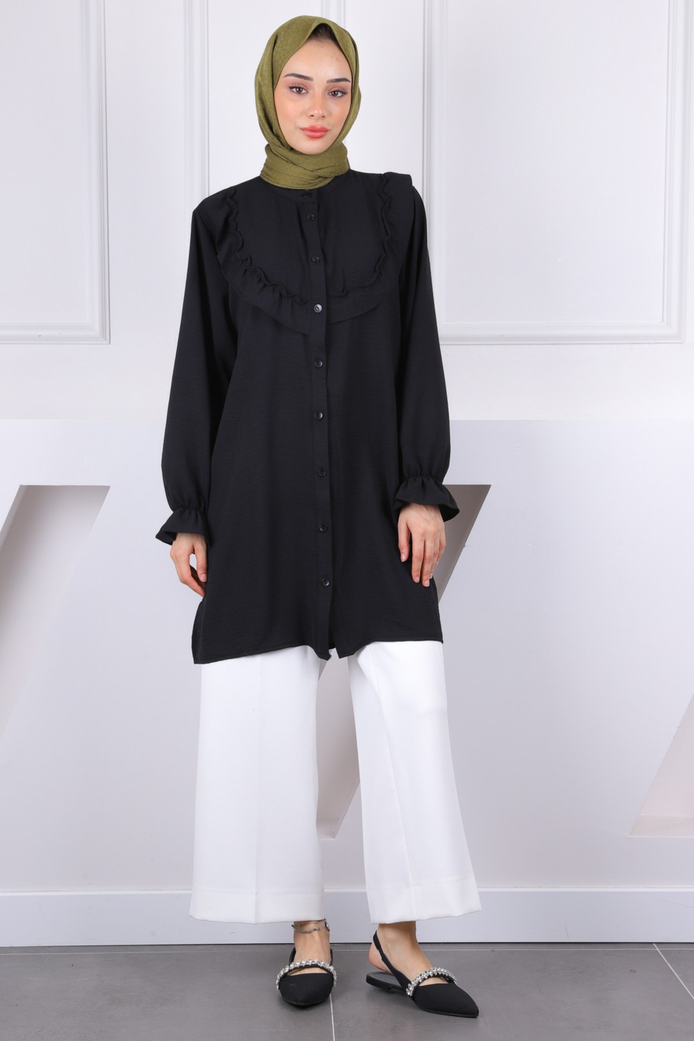 İmaj Butik Siyah Önü Fırfırlı Ayrobin Tunik