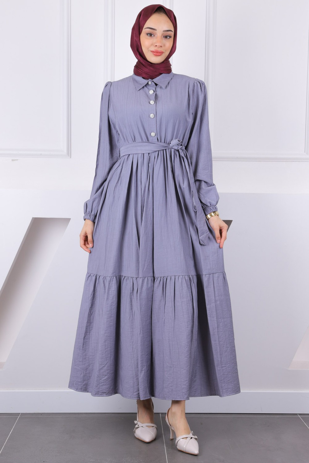 İmaj Butik Siyah Bel Lastikli Kuşaklı Modal Elbise