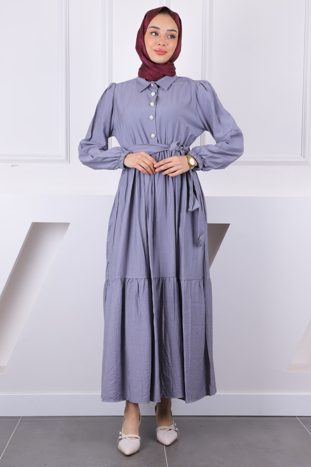 İmaj Butik Siyah Bel Lastikli Kuşaklı Modal Elbise görsel 2
