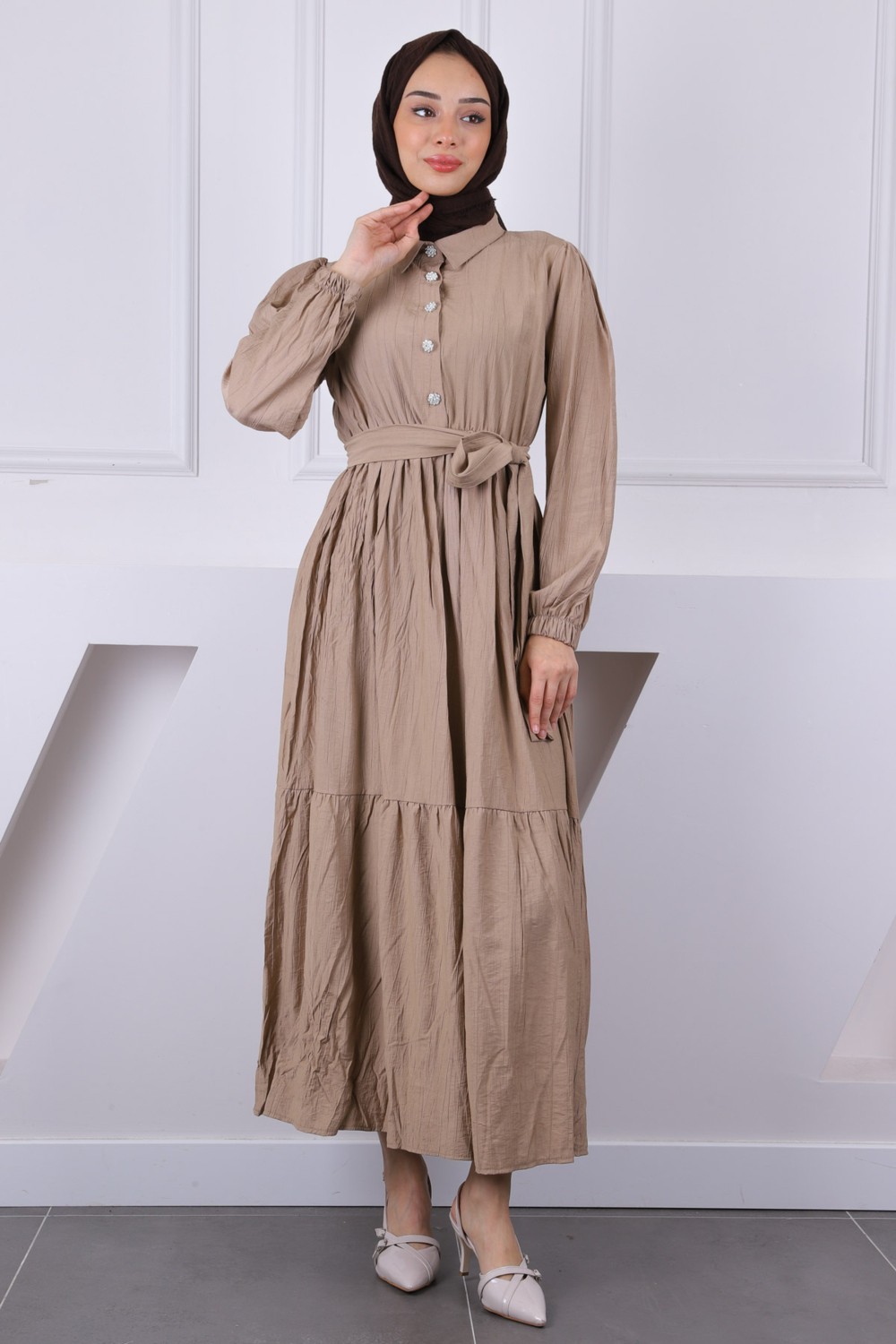 İmaj Butik Siyah Bel Lastikli Kuşaklı Modal Elbise görsel 5