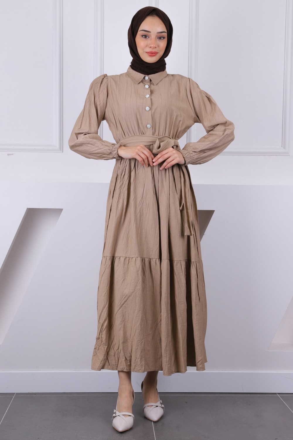 İmaj Butik Siyah Bel Lastikli Kuşaklı Modal Elbise görsel 6