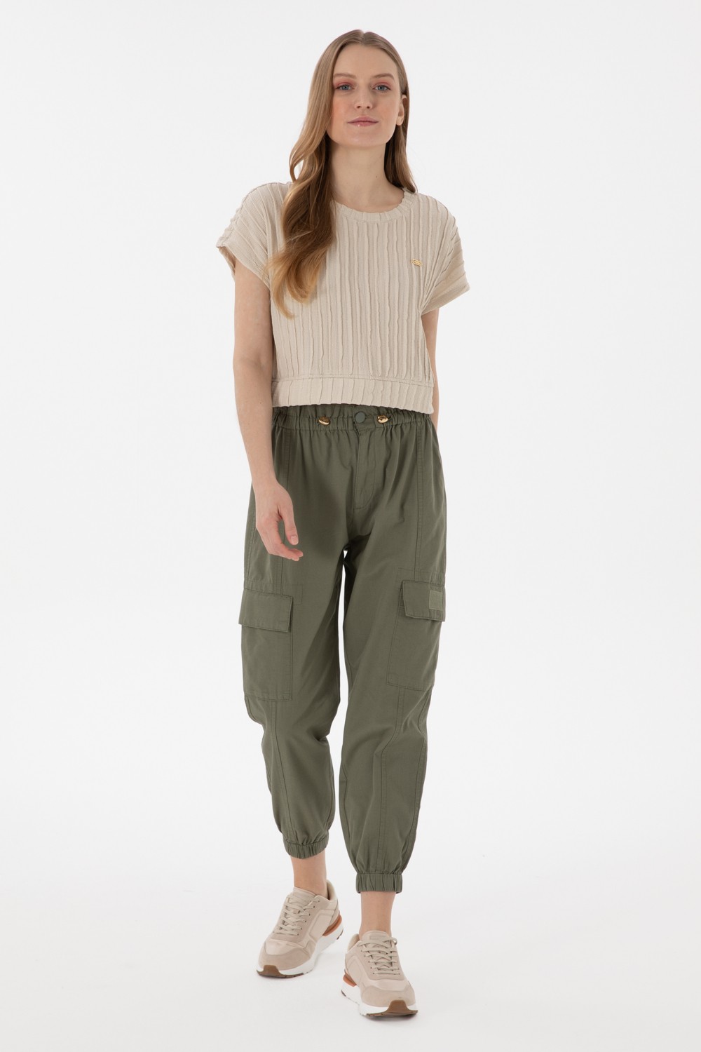 U.S. Polo Assn. Kadın Açık Gri Jogger Fit Kanvas Pantolon 50300356-VR001 görsel 3