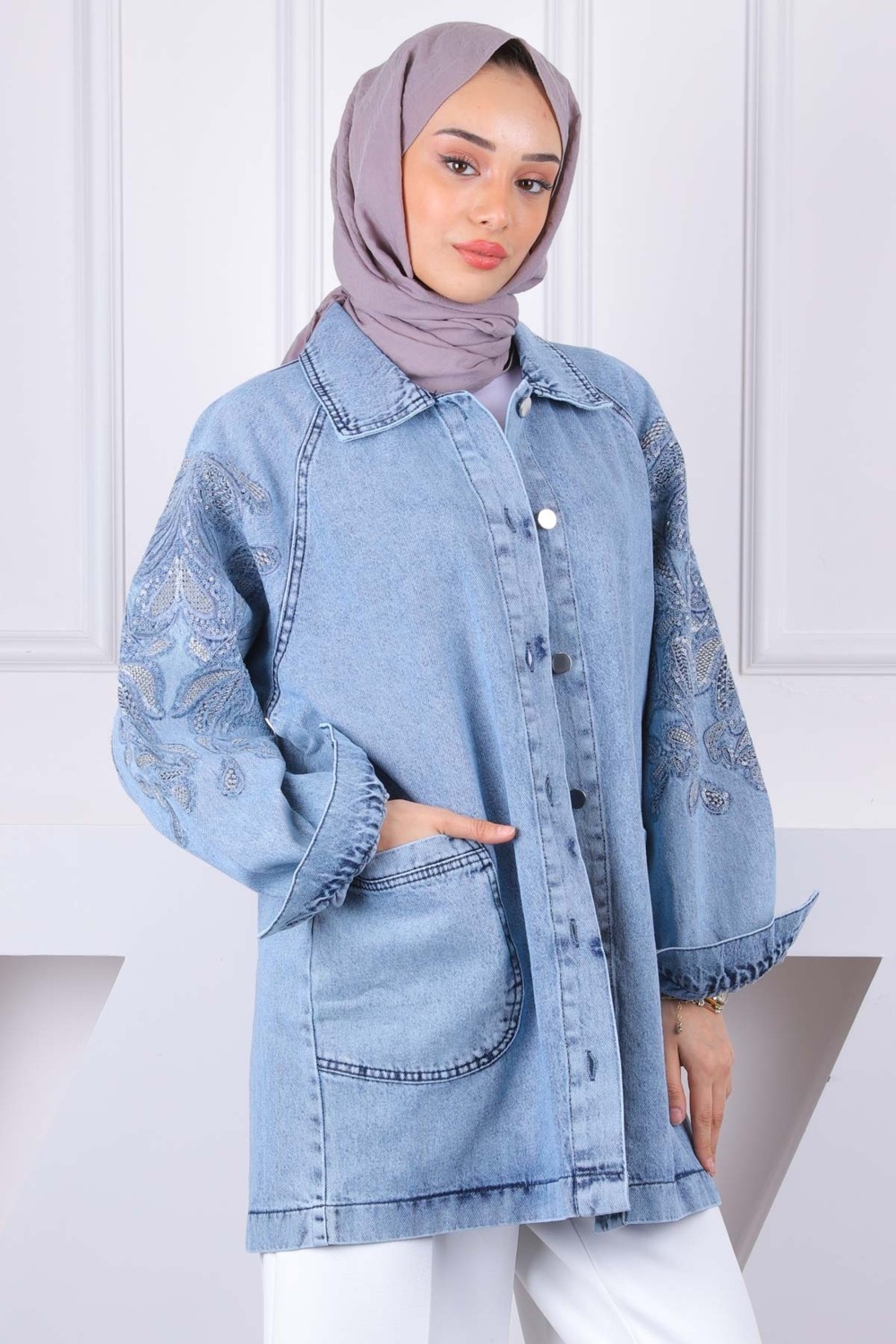 İmaj Butik Mavi Pul Nakışlı Cepli Kot Ceket görsel 5