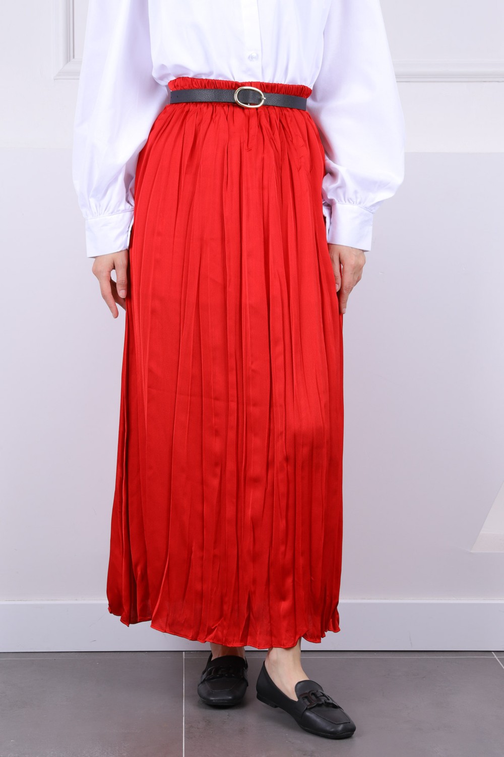 İmaj Butik Kırmızı Beli Lastikli Saten Kıraş Etek