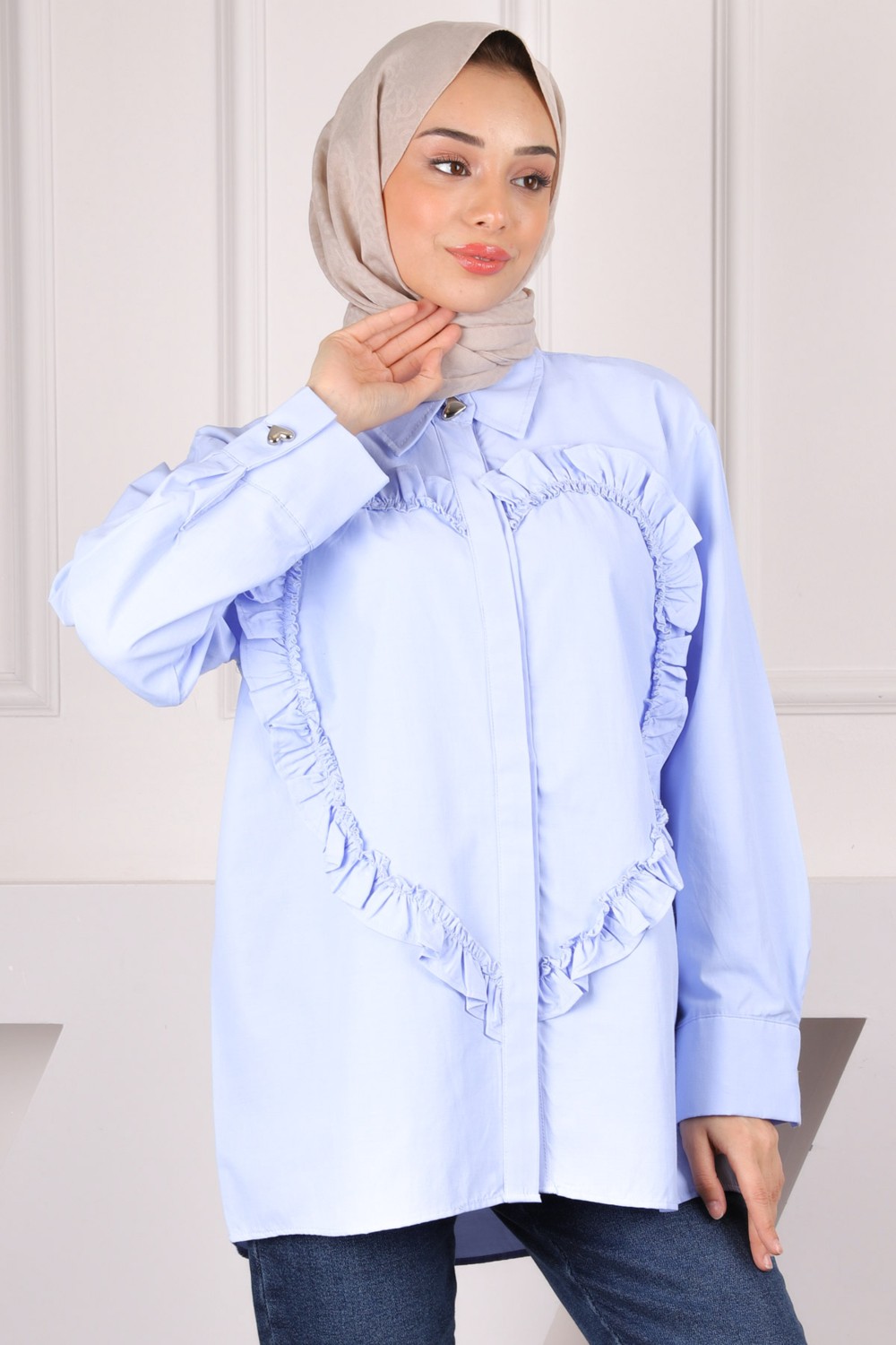 İmaj Butik Bebe Mavi Ön Kalp Fırfırlı Gömlek