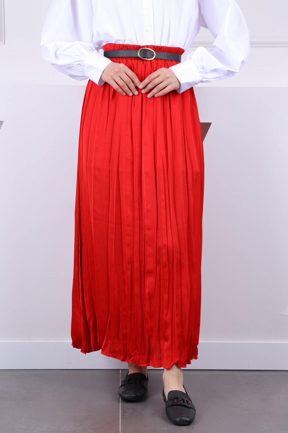 İmaj Butik Kırmızı Beli Lastikli Saten Kıraş Etek görsel 2