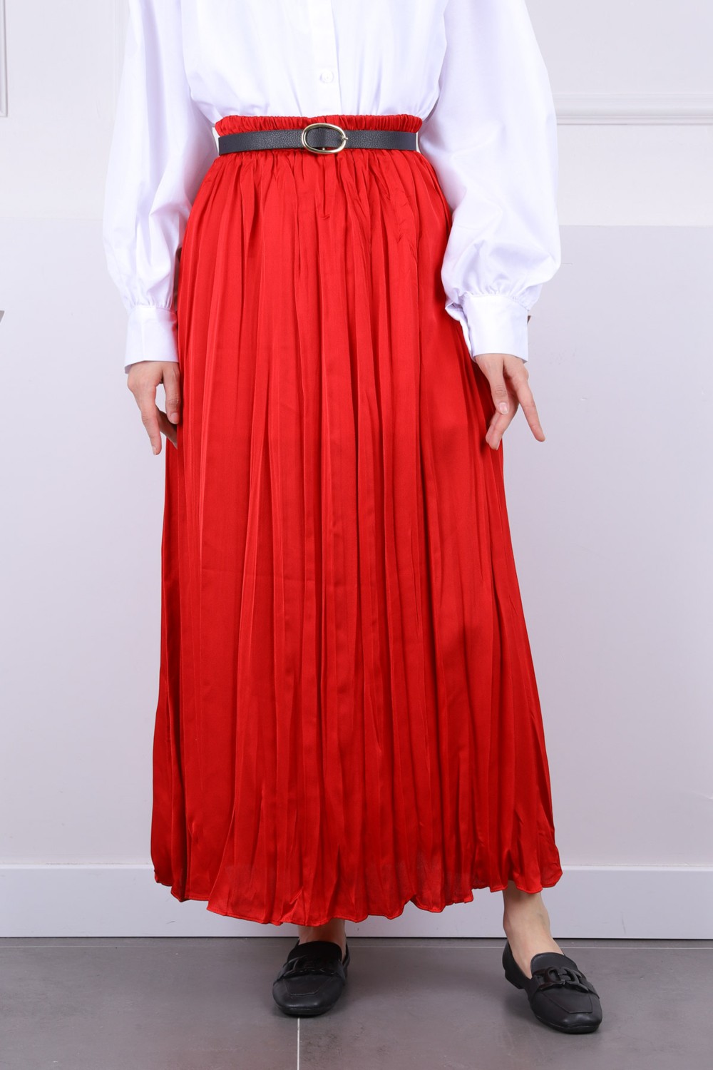 İmaj Butik Kırmızı Beli Lastikli Saten Kıraş Etek görsel 4
