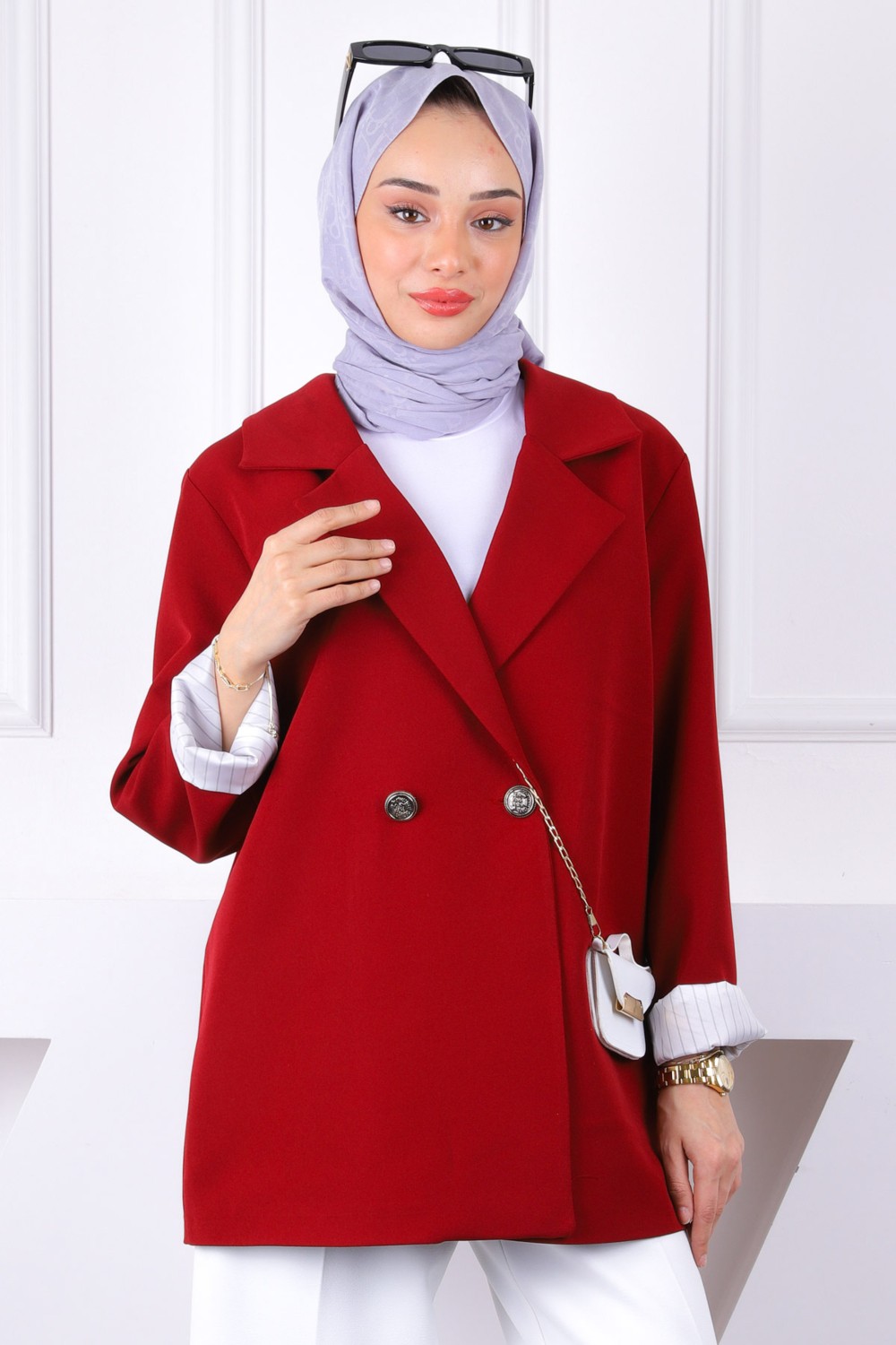 İmaj Butik Bordo Çizgili Astarlı Ceket