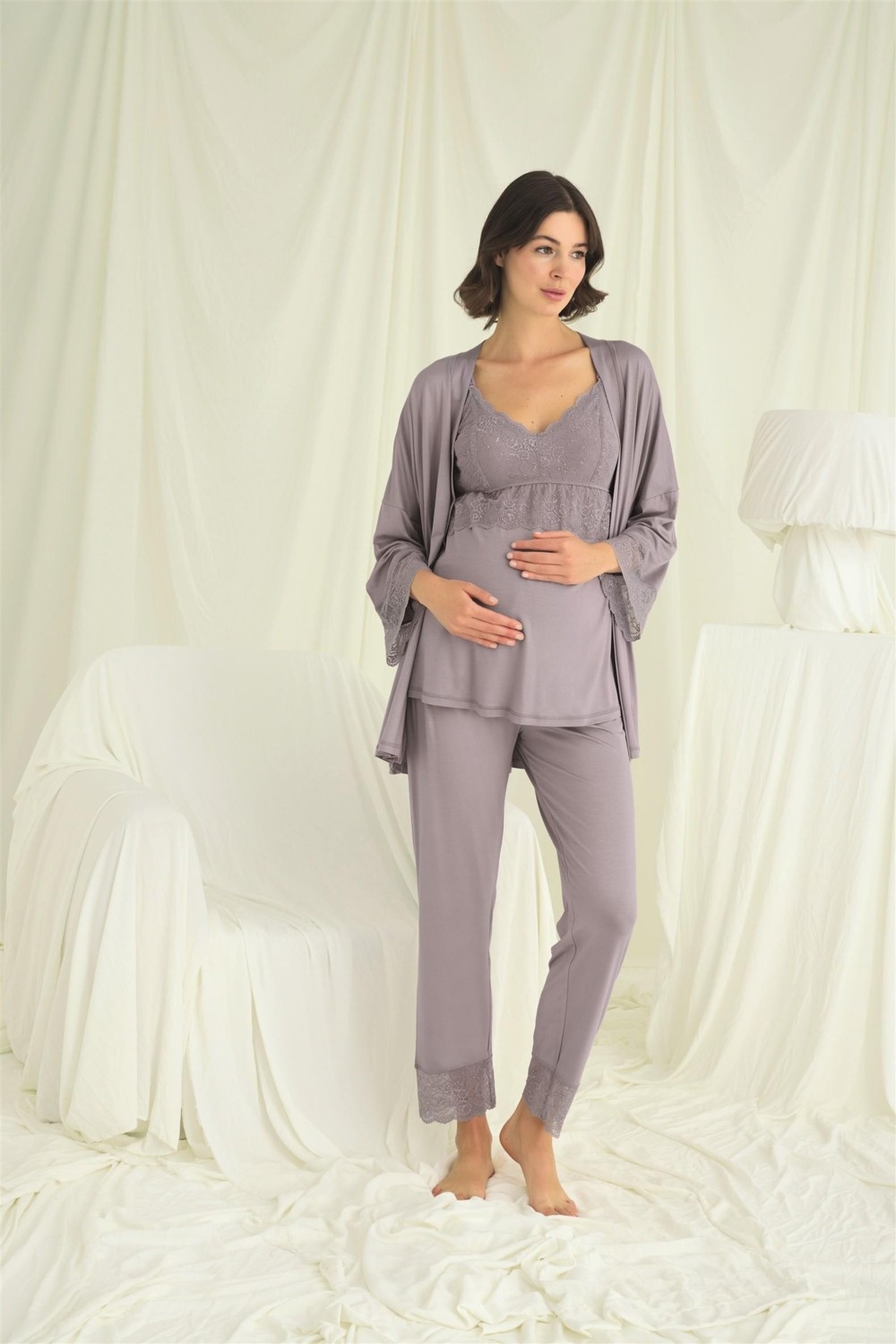 Monamise Kadın Dantelli Hamile Lohusa 3'lü Pijama Takımı 18671