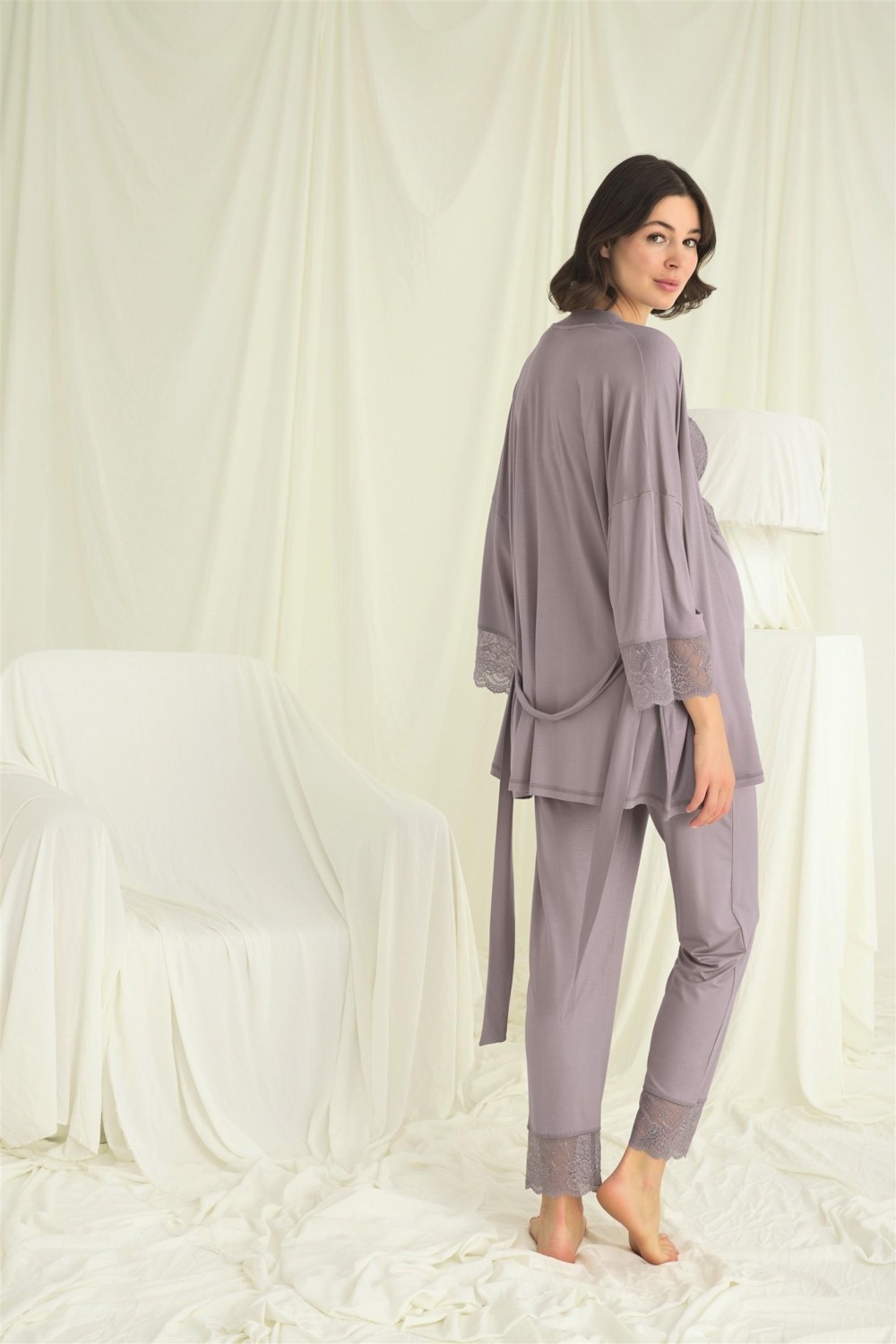 Monamise Kadın Dantelli Hamile Lohusa 3'lü Pijama Takımı 18671 görsel 5