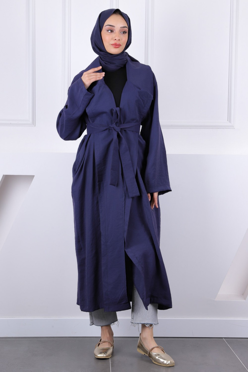 İmaj Butik Bordo Kruvaze Yaka Bel Kuşaklı Modal Trençkot görsel 2