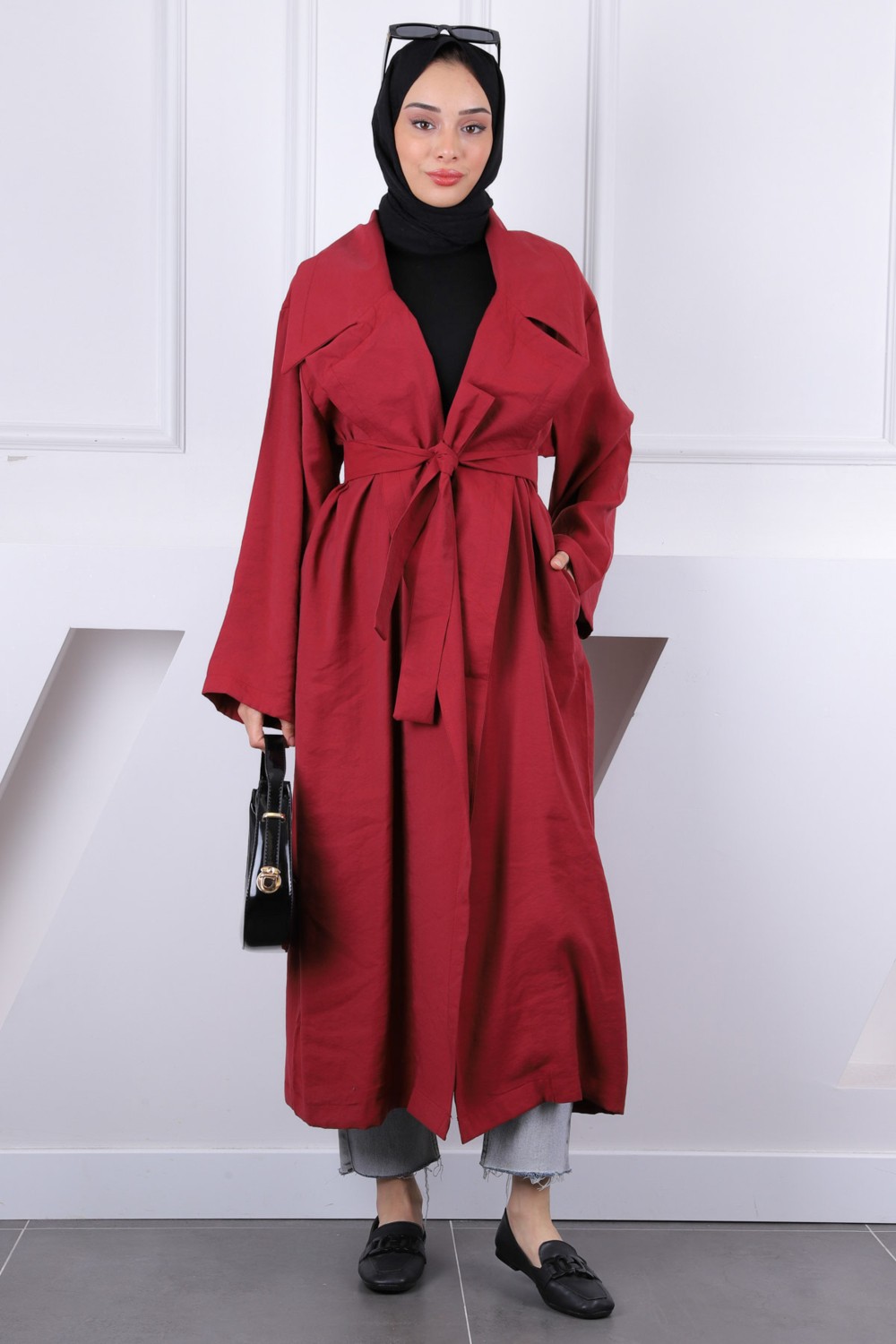 İmaj Butik Bordo Kruvaze Yaka Bel Kuşaklı Modal Trençkot