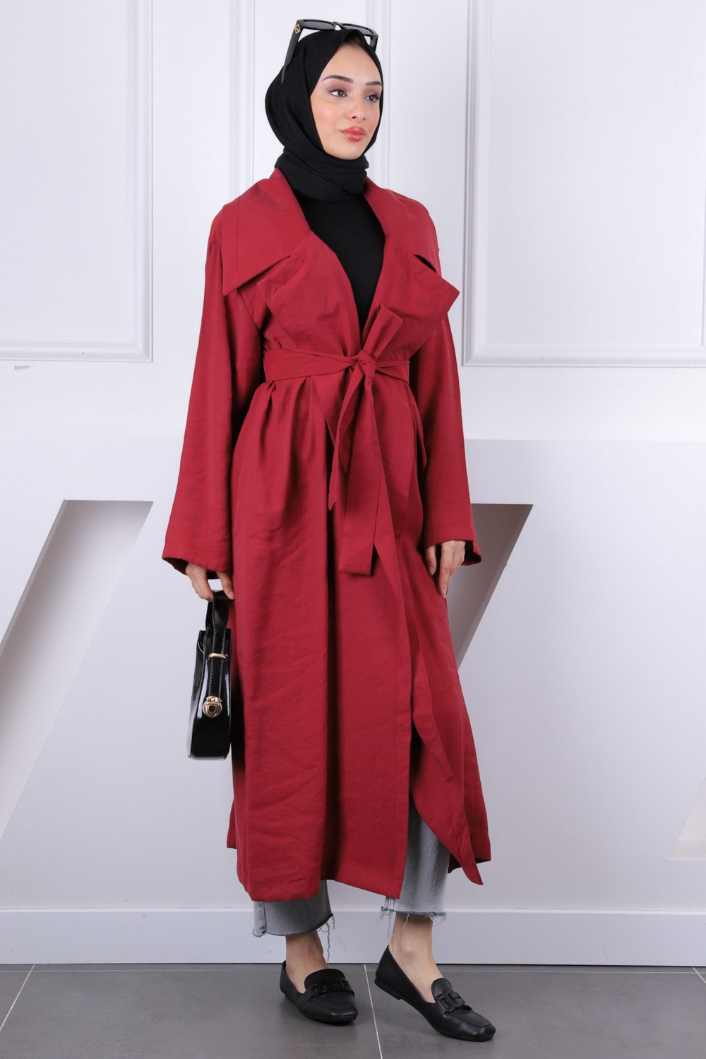 İmaj Butik Bordo Kruvaze Yaka Bel Kuşaklı Modal Trençkot görsel 6