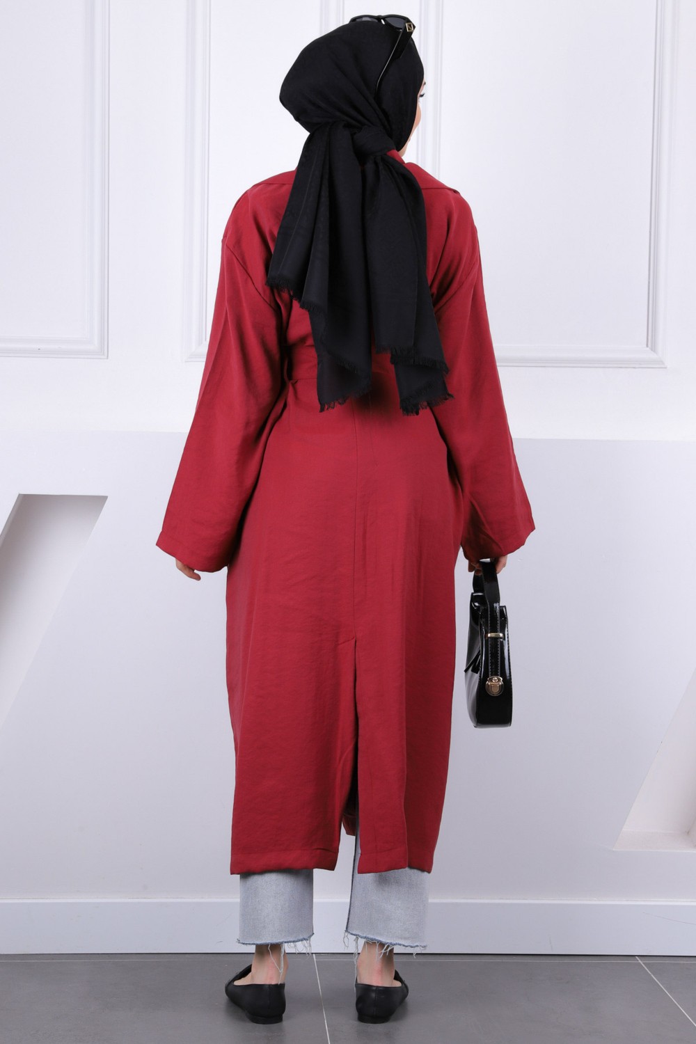 İmaj Butik Bordo Kruvaze Yaka Bel Kuşaklı Modal Trençkot görsel 7