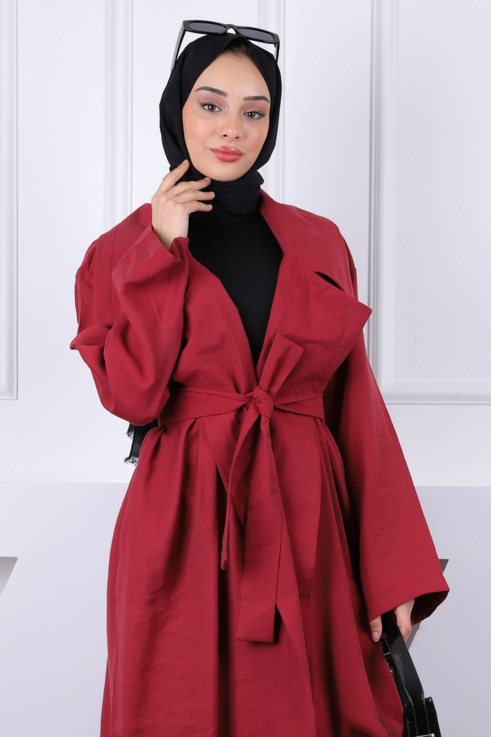 İmaj Butik Bordo Kruvaze Yaka Bel Kuşaklı Modal Trençkot görsel 8