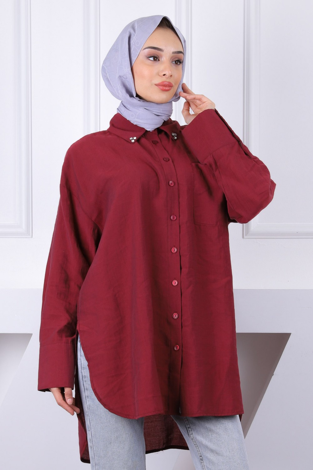 İmaj Butik Siyah Yaka Taşlı Tel Cepli Oversize Gömlek