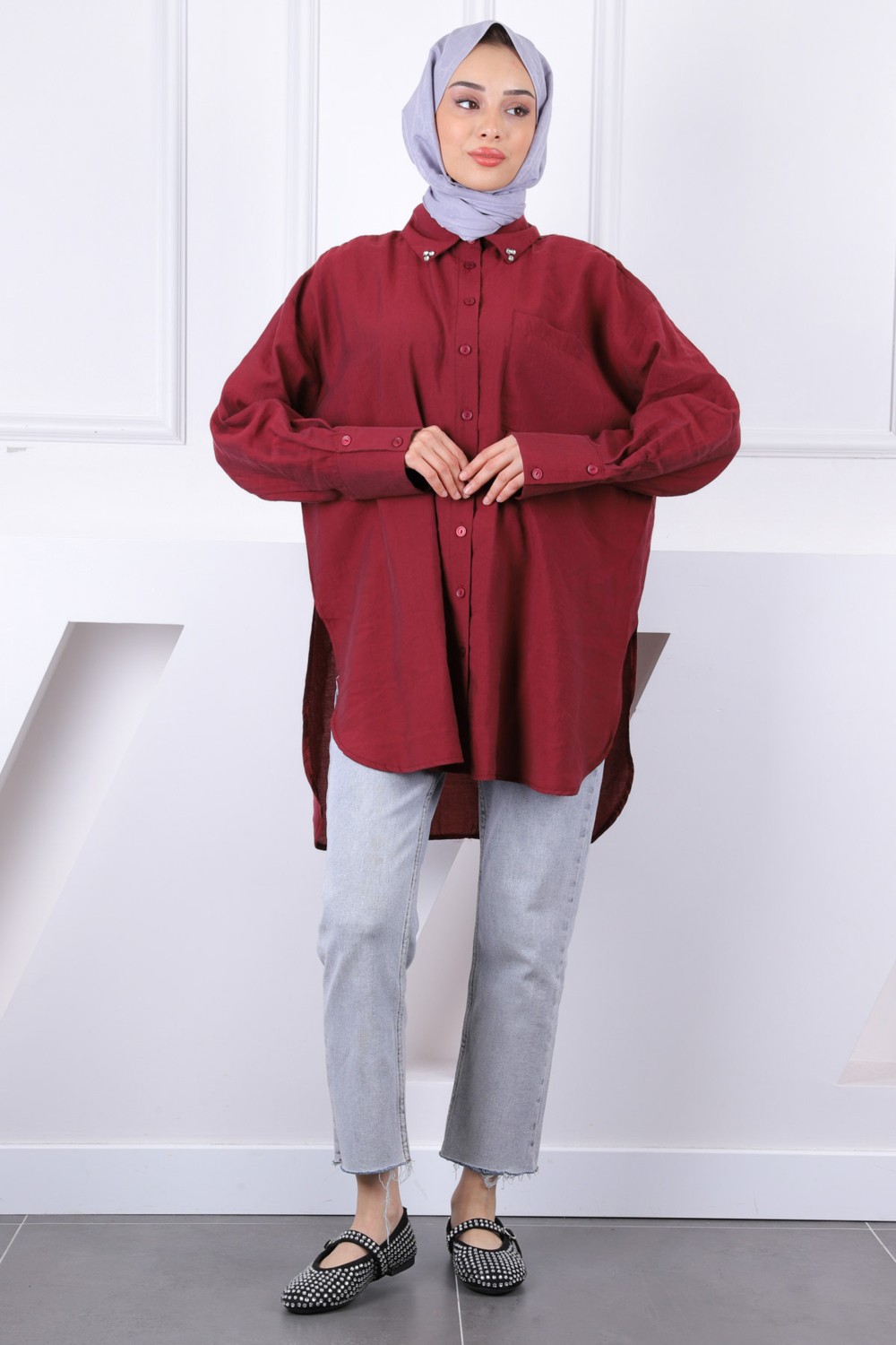 İmaj Butik Siyah Yaka Taşlı Tel Cepli Oversize Gömlek görsel 3