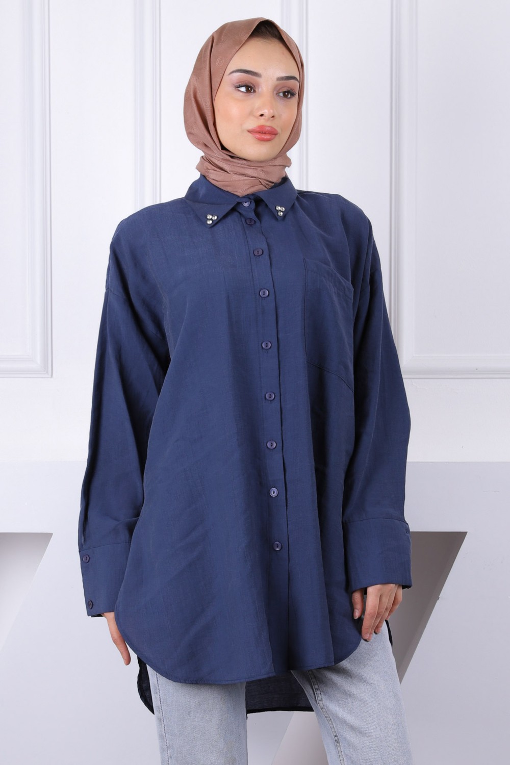 İmaj Butik Siyah Yaka Taşlı Tel Cepli Oversize Gömlek görsel 5