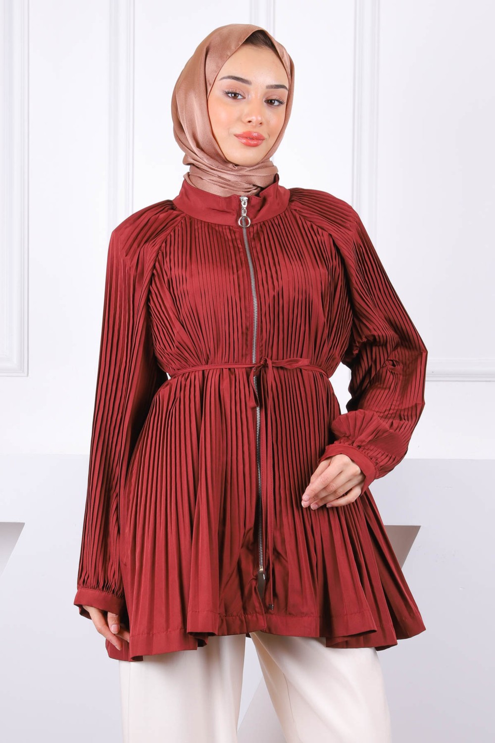İmaj Butik Bordo Piliseli Fermuarlı Ceket görsel 5