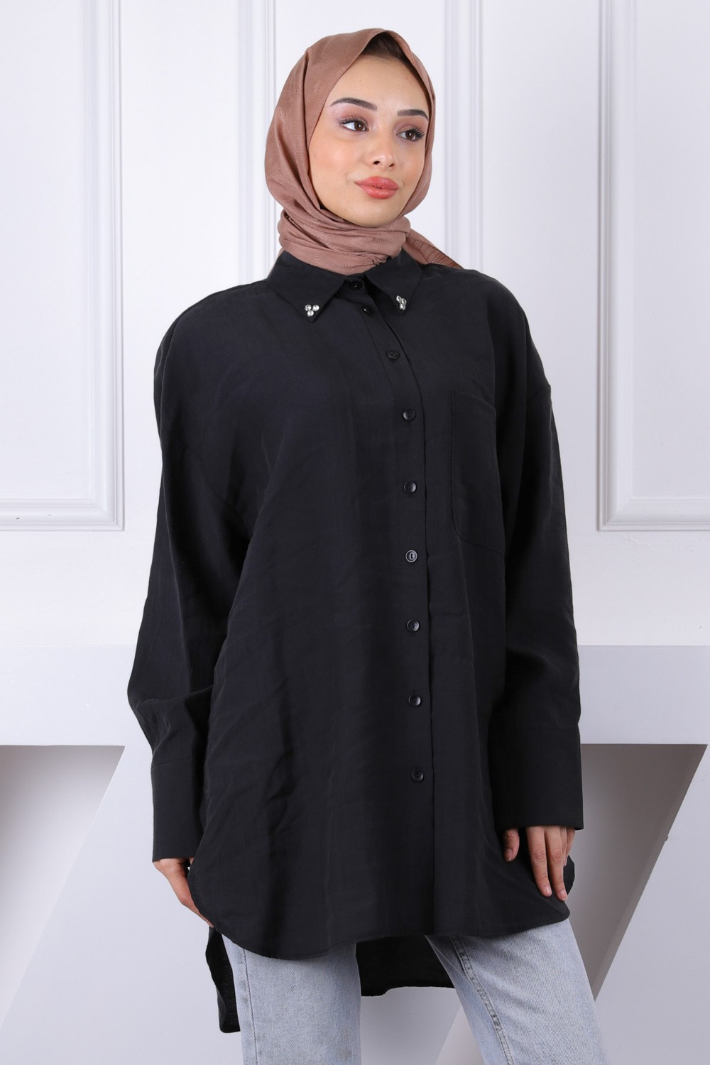 İmaj Butik Siyah Yaka Taşlı Tel Cepli Oversize Gömlek