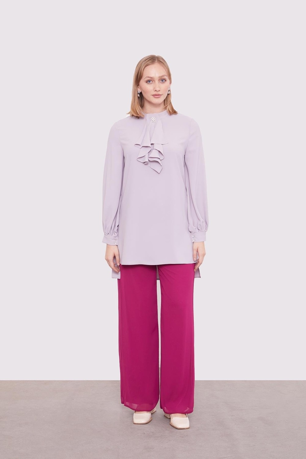 Lêvi D'or Fuşya Bol Paça Şifon Pantolon görsel 2