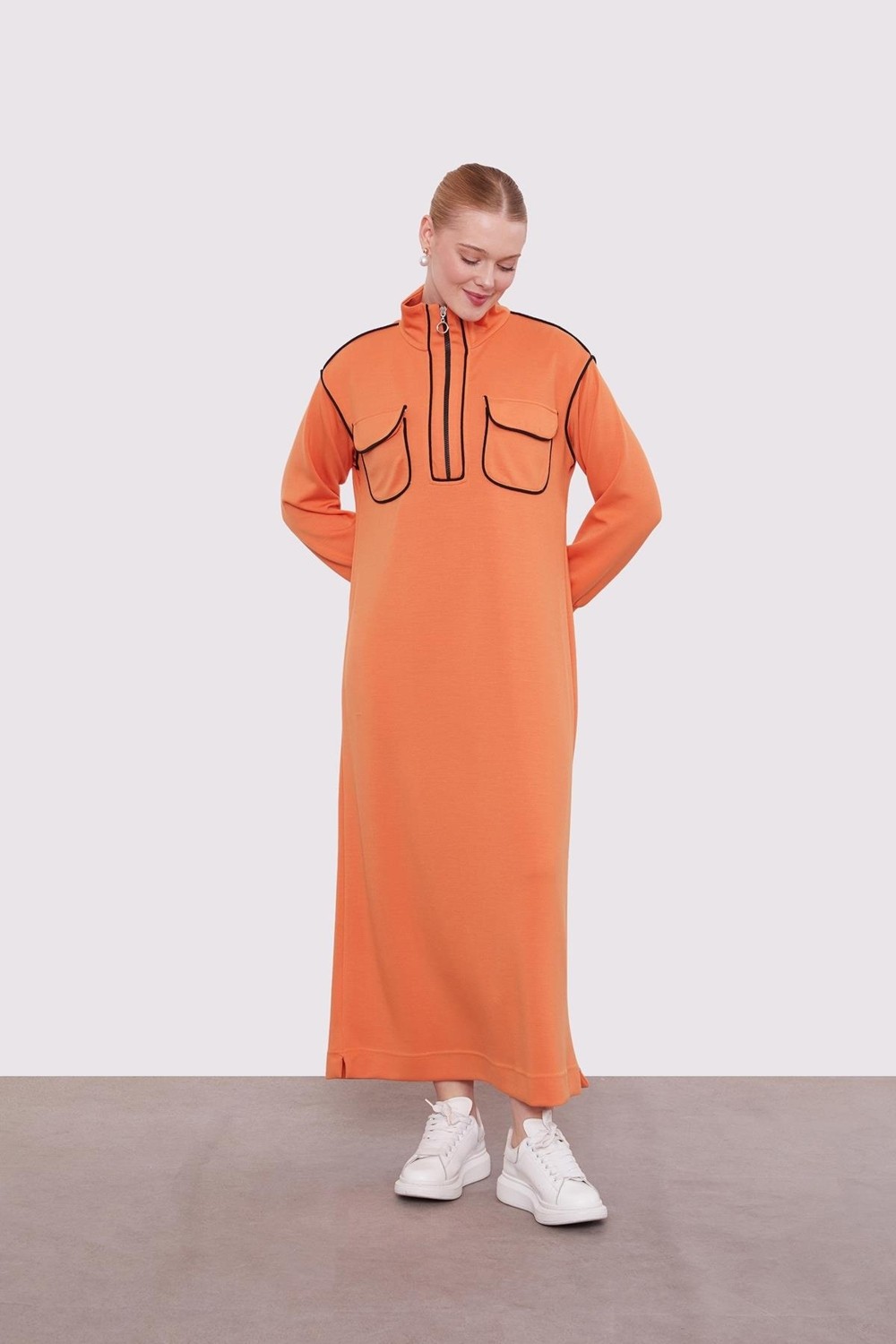 Lêvi D'or Oranj Çizgi Cep Detaylı Elbise görsel 2