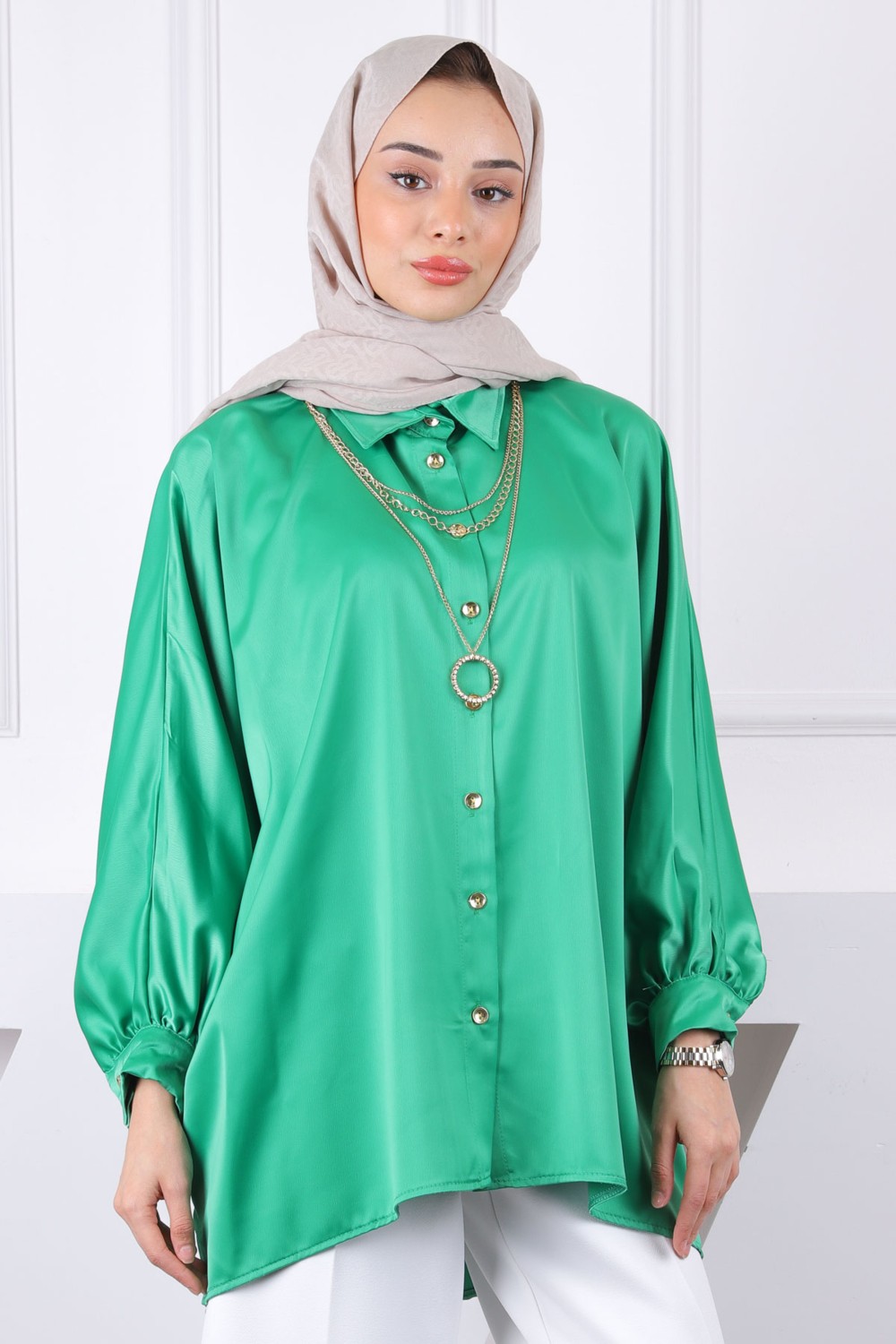 İmaj Butik Bebe Mavi Kolyeli Oversize Saten Gömlek
